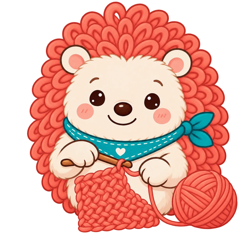 Hook the Hedgehog, plush and smiling, with coral yarn-loop spines and a teal bandana, crocheting a coral swatch beside a ball of yarn